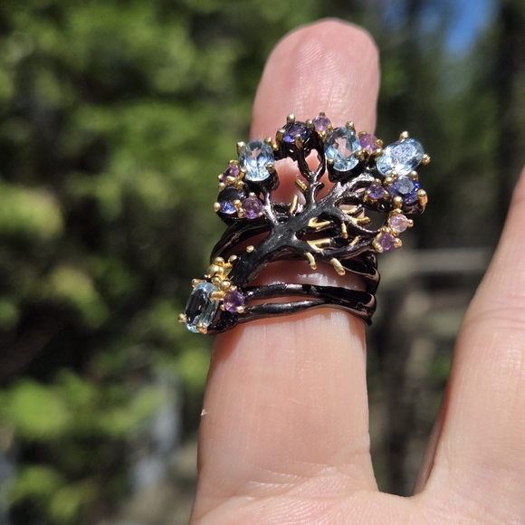 πHOST PICK π Blue Topaz Lolite & Amethyst Sterling Rhodium & Gold ring sz6.75 - Picture 13 of 13